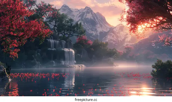 Fantasy Landscape with Cascading Waterfalls and Majestic Mountains
