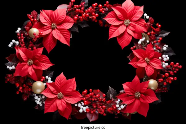 Red poinsettia wreath with gold ornaments on a black background