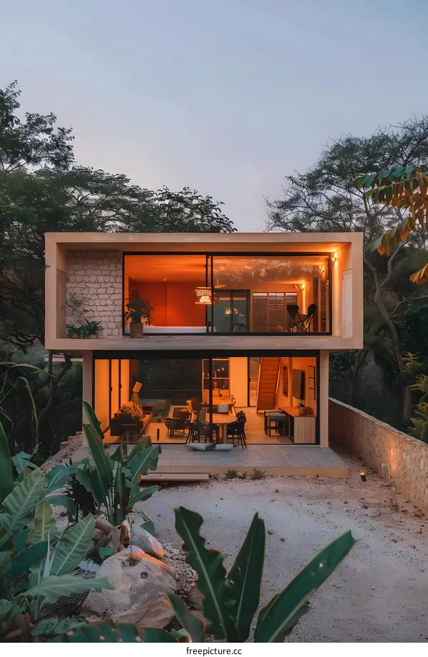 Modern House with Glass Walls and Stone Exterior