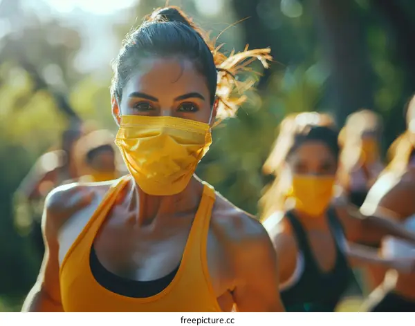 A group of people wearing yellow face masks are running in a park