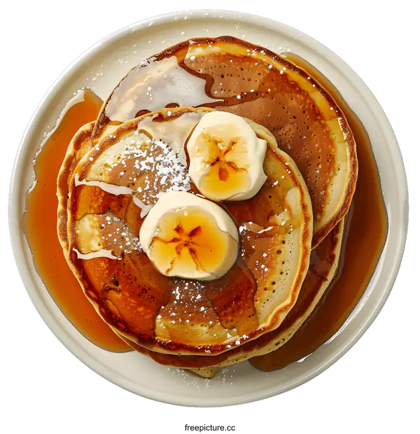 [Transparent Background PNG]Stack of pancakes with bananas and syrup