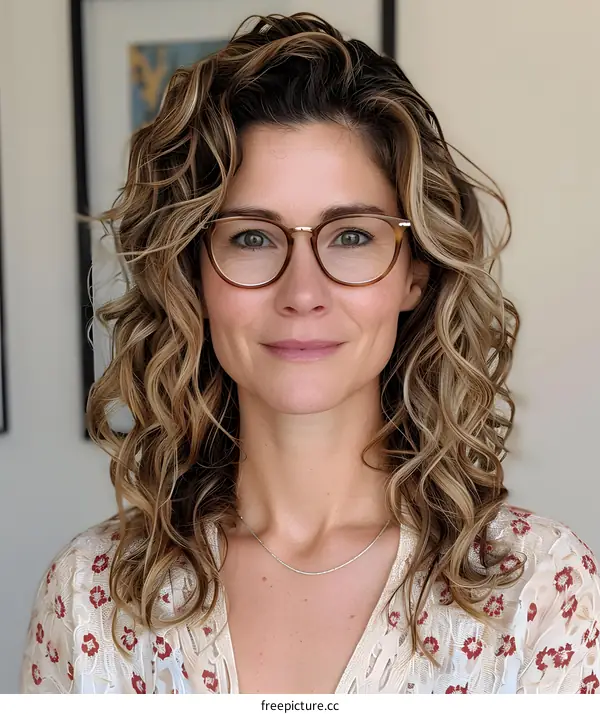 Woman with Curly Hair and Glasses