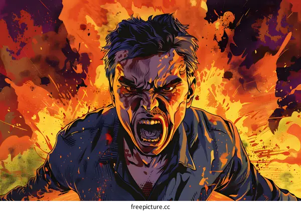 A man screaming with an explosion in the background