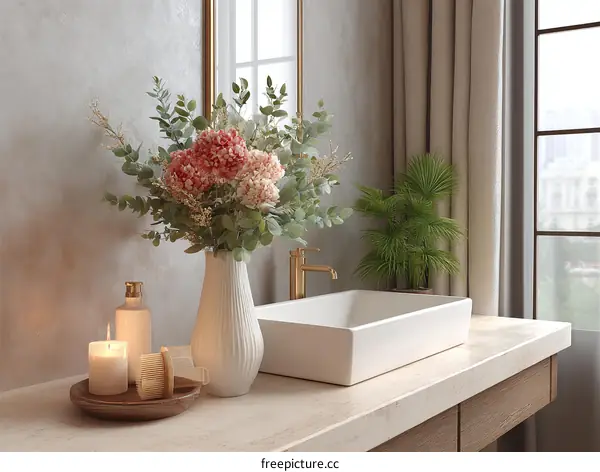 Modern Bathroom Decor with Flowers and Candles