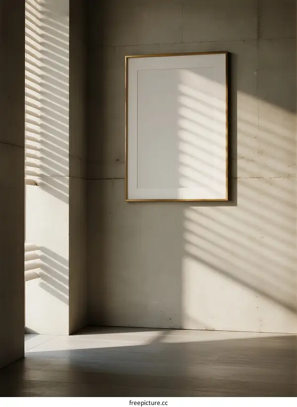 Sunlit Minimalist Room with Empty Frame and Concrete Walls