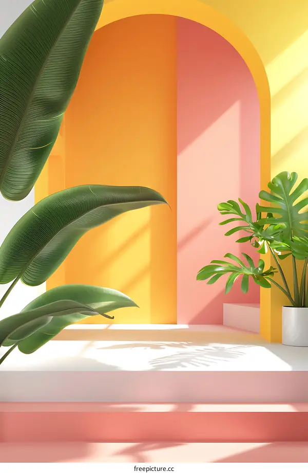 Minimalist Tropical Archway Background with Yellow and Pink Walls