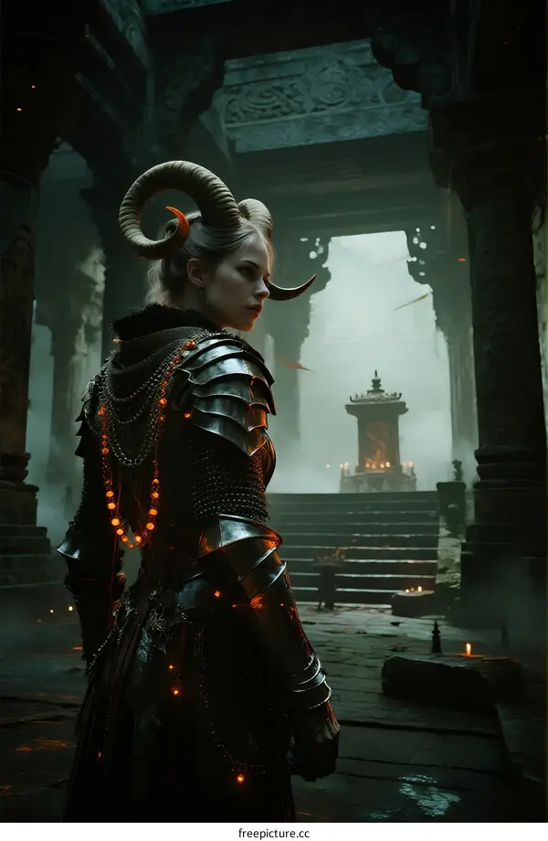 A Female Warrior with Horns in Ancient Temple Interior