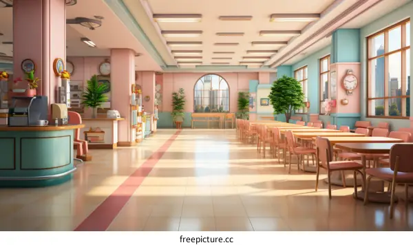 Cafeteria interior with pink and blue pastel colors