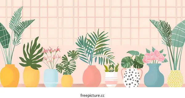 Tropical Plants in Vases on Pink Tile Wall
