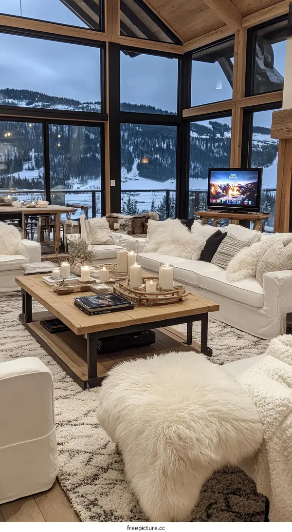 Cozy Mountain Cabin Living Room with Snowy Views