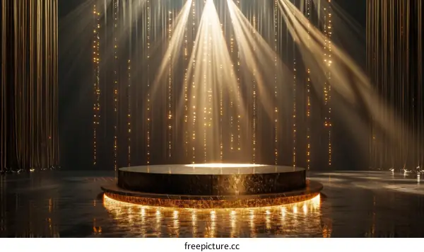 Golden stage with spotlights and shiny particles. 3D rendering.