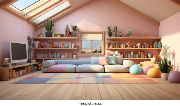 A Cozy Living Room with a Large Sofa, Colorful Rug, and Lots of Bookshelves