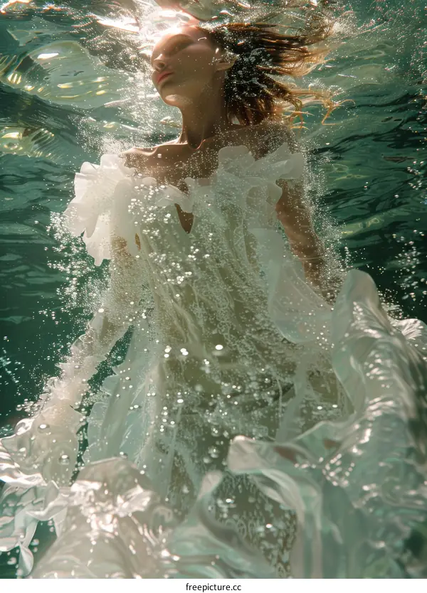 An underwater photo of a woman in a white dress