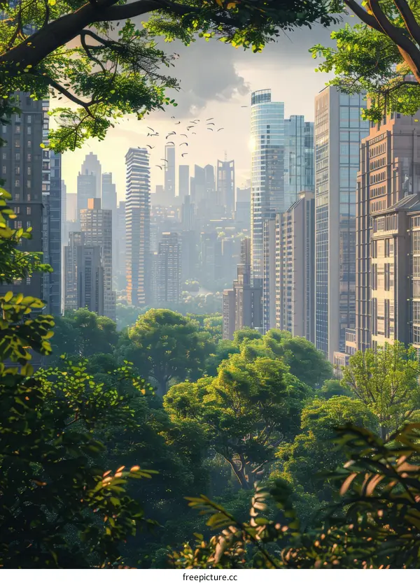Urban Jungle Illustration with Skyscrapers and Trees