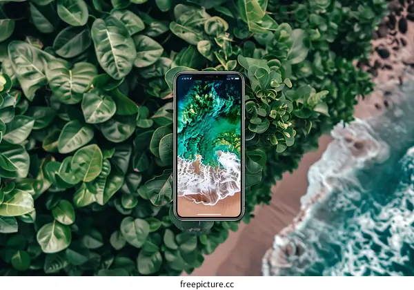 Phone on Green Leaves with Beach Background