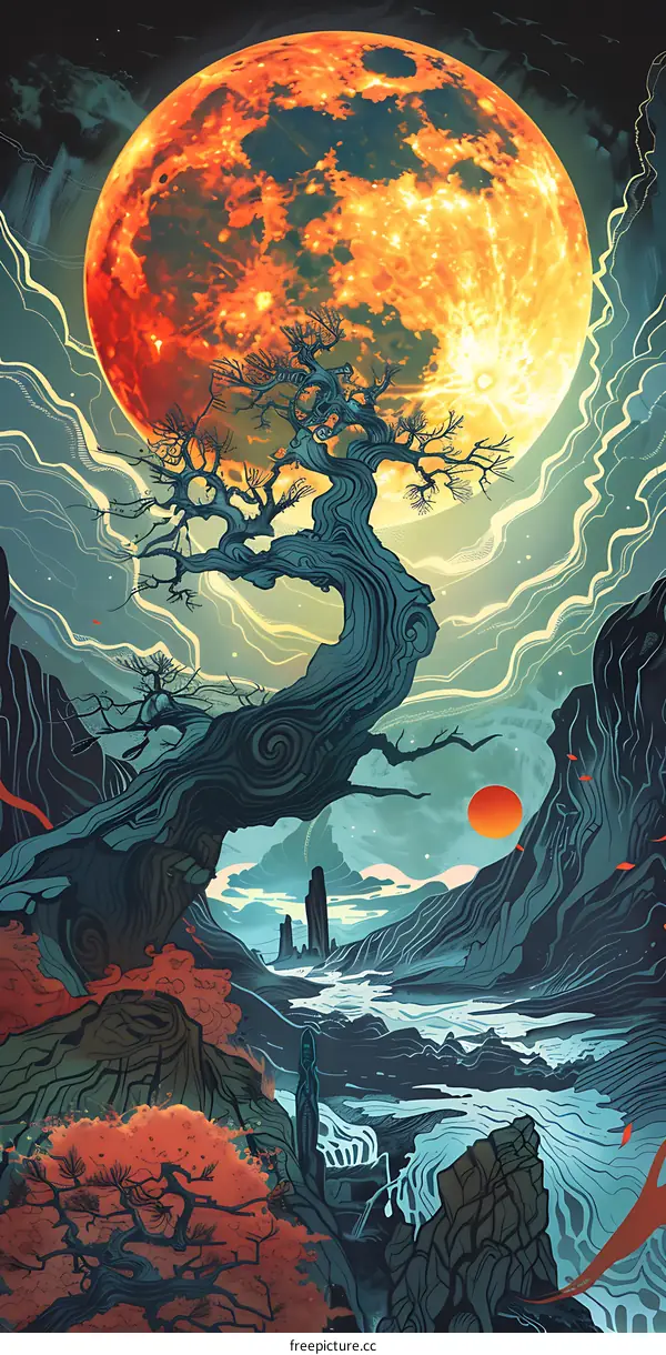 Fantasy Art Illustration Of A Red Moon With A Silhouette Of A Tree And A Person In The Foreground