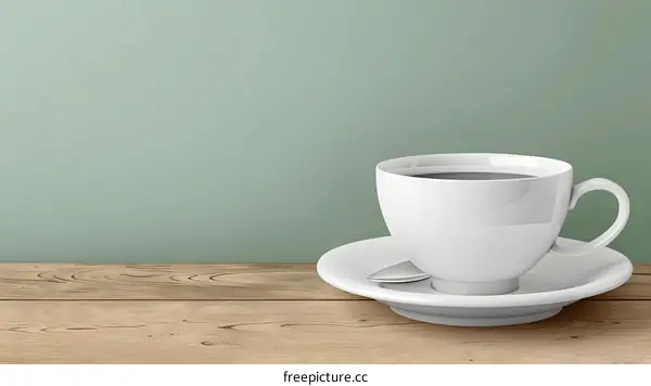 White Coffee Cup on Wooden Table Against Green Background
