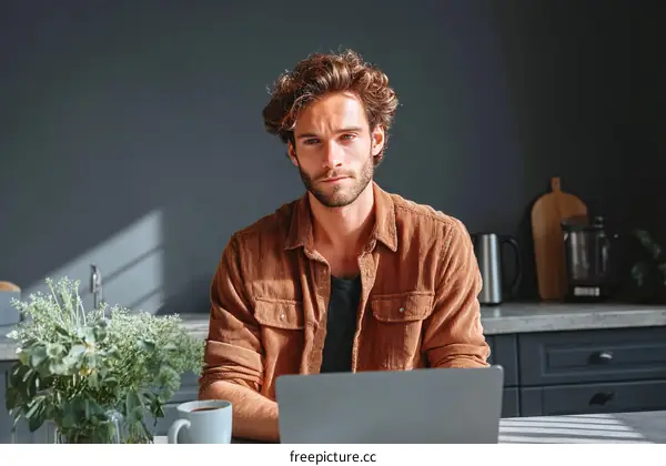 Man Working from Home in Modern Kitchen