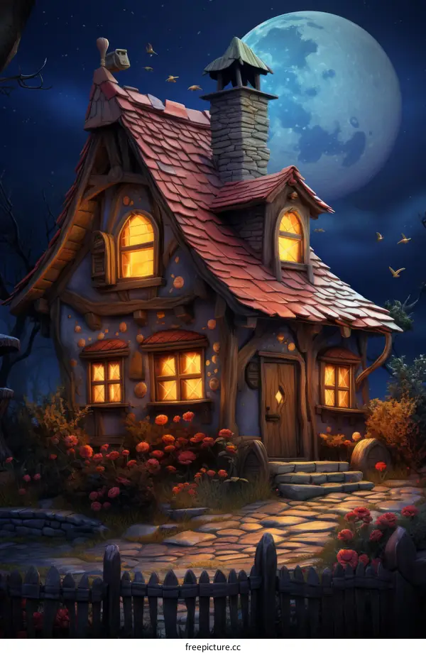 Fantasy Cottage Under Moonlight