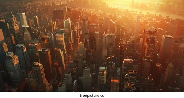 Aerial View of a City Skyline at Sunset