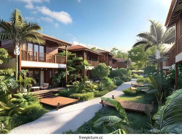 Wooden houses in a tropical setting