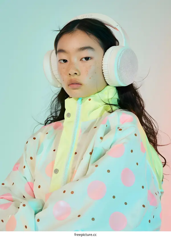 Teenage Asian Girl Wearing Headphones and a Polka Dot Jacket