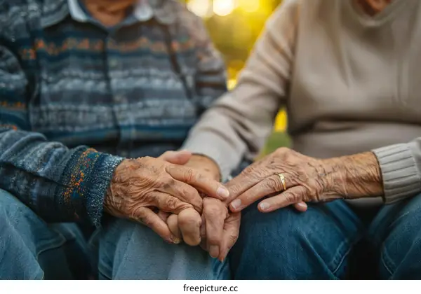 wrinkled hands of an elderly couple