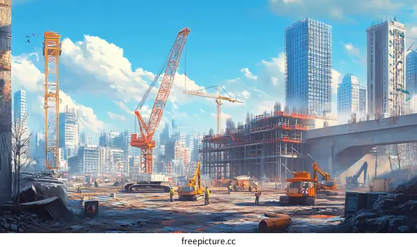 Urban Construction Site Illustration with Modern Buildings