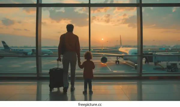 Father and son at the airport looking at airplanes
