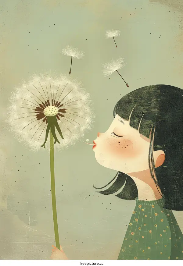 Little girl blowing dandelion seeds in the wind
