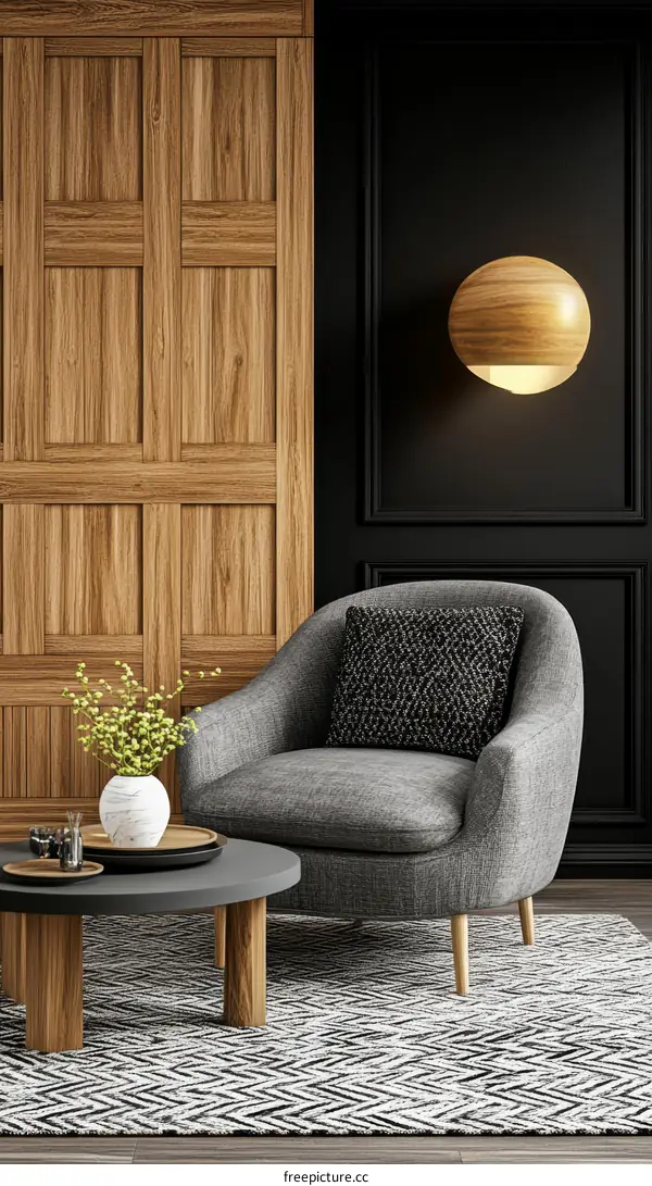 Modern Wooden Paneling Living Room with Accent Chair