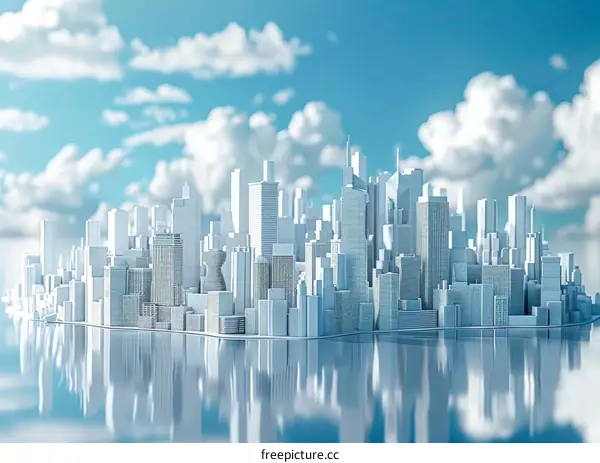 A Futuristic Cityscape with Towering Skyscrapers and a Vast Blue Sky