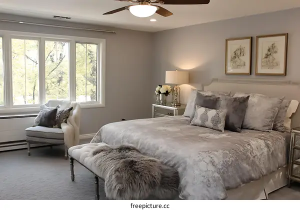 Elegant Gray Bedroom Interior Design with Large Window