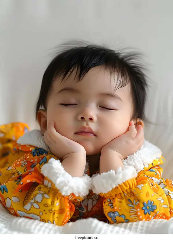 A cute baby girl sleeping soundly with her hands on her cheeks