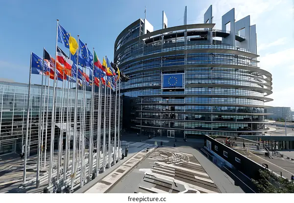 European Parliament Building with Flags