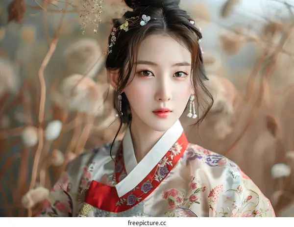 Portrait of a young woman in traditional Korean dress, or hanbok