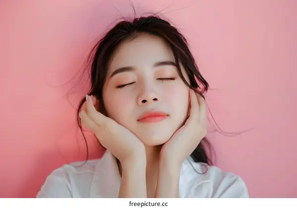 Young Asian Woman With Her Eyes Closed Relaxing on a Pink Background