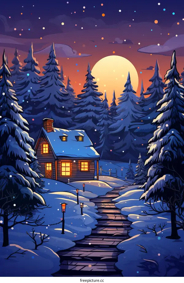 Snowy night cabin in the woods