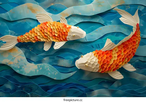 Paper Cut Art Koi Fish Swimming in Blue Water