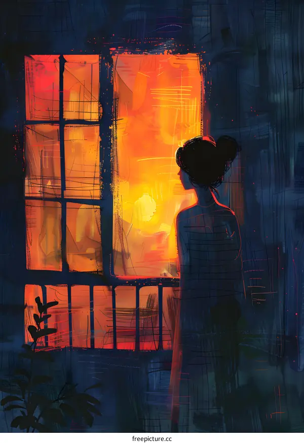 A painting of a woman looking out a window at a sunset.