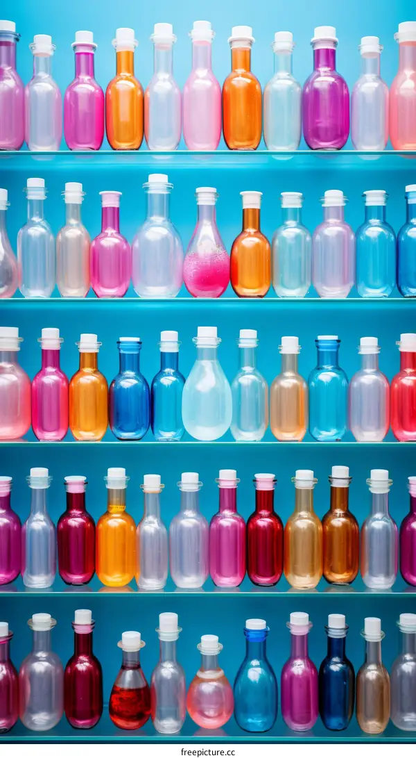 Blue Shelves with Bottles of Various Coloration Arranged in Pattern