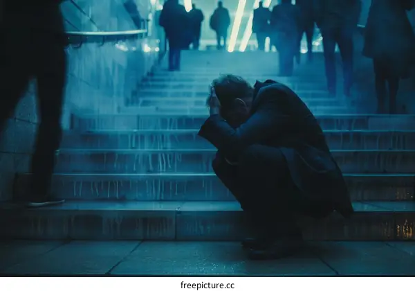 Man in suit sitting on the stairs with his head in his hands