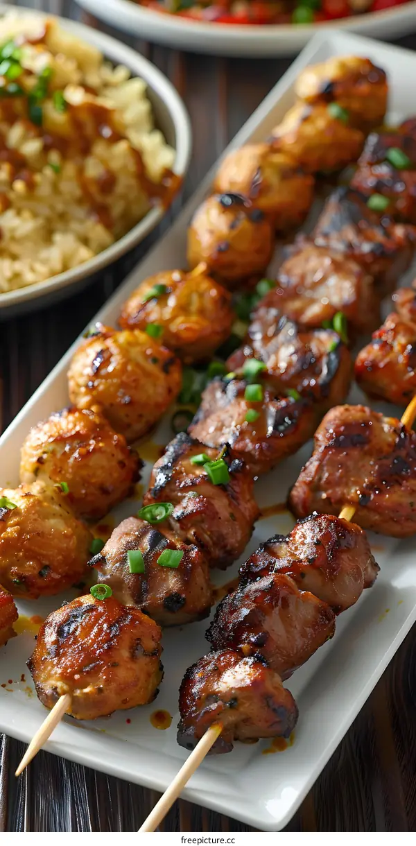 meatballs and pork skewers with rice