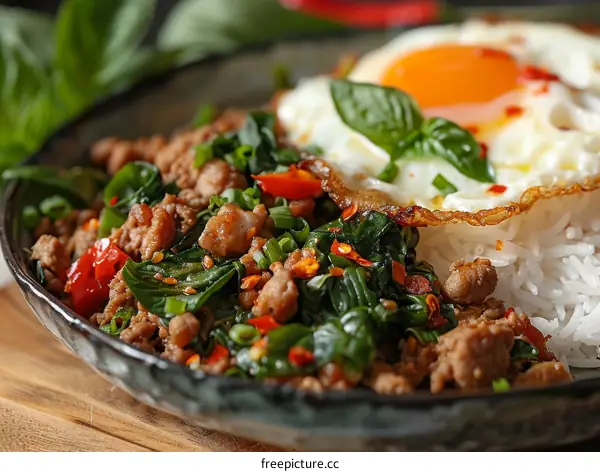 Pad kra pao with fried egg and rice