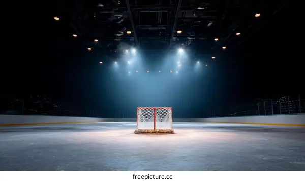 Empty Hockey Arena with Goal and Spotlights