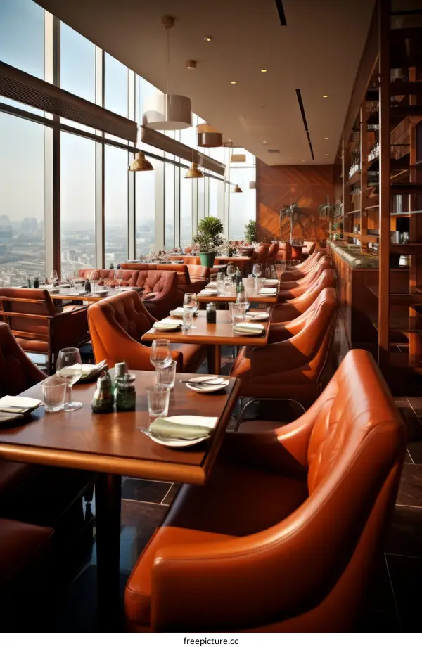 Modern restaurant interior with large windows and city view