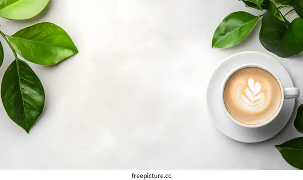 A Cup of Coffee with Green Leaves on a White Background
