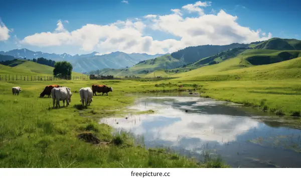 Herd of Cows Grazing in Alpine Meadow with Mountain Views