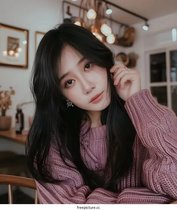 Portrait of Young Asian Woman Wearing Pink Knit Sweater