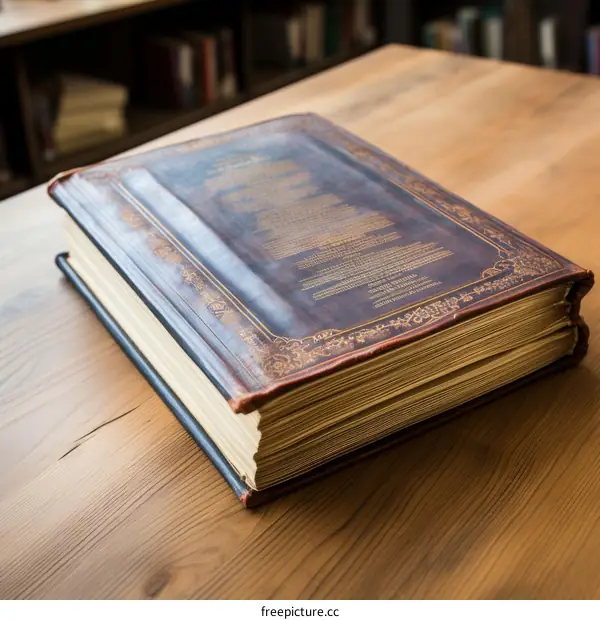 Large vintage book on a wooden table in a library